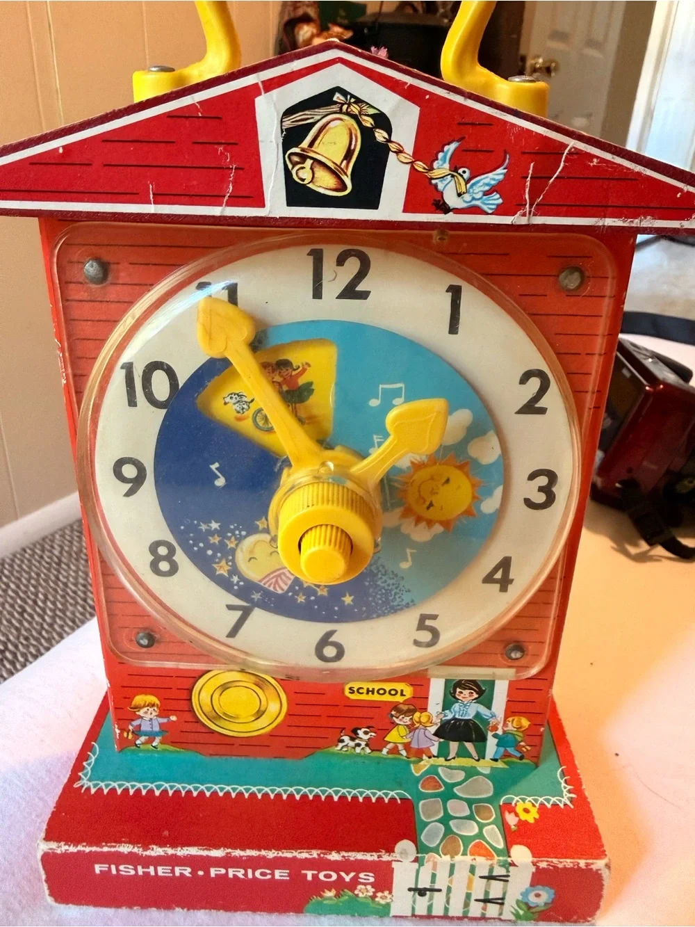 Vintage Fisher-Price Red and Yellow Musical Teaching Clock Toy 1960s Works